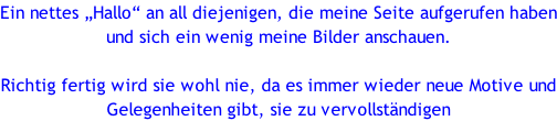 Ein nettes „Hallo“ an all diejenigen, die meine Seite aufgerufen haben und sich ein wenig meine Bilder anschauen.  Richtig fertig wird sie wohl nie, da es immer wieder neue Motive und Gelegenheiten gibt, sie zu vervollständigen